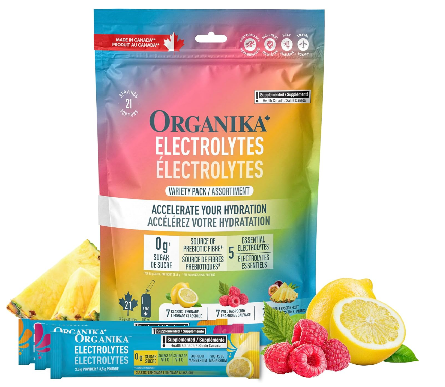 Organika Electrolytes supplement container for hydration support with electrolyte powder for workouts, recovery, and daily mineral replenishment.