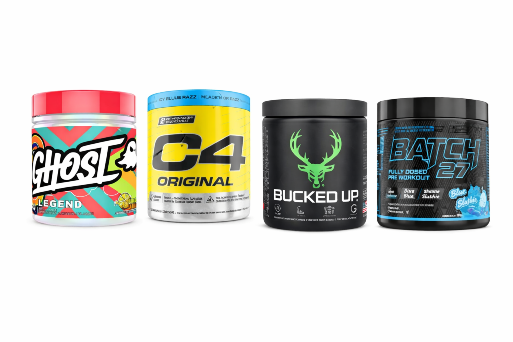 Top pre workout supplements lineup including Ghost Legend, C4 Original, Bucked Up, and Batch 27