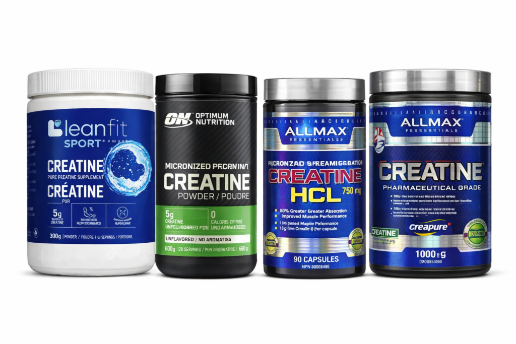 best creatine supplements Canada featuring Leanfit, Optimum Nutrition, and Allmax creatine powders and capsules