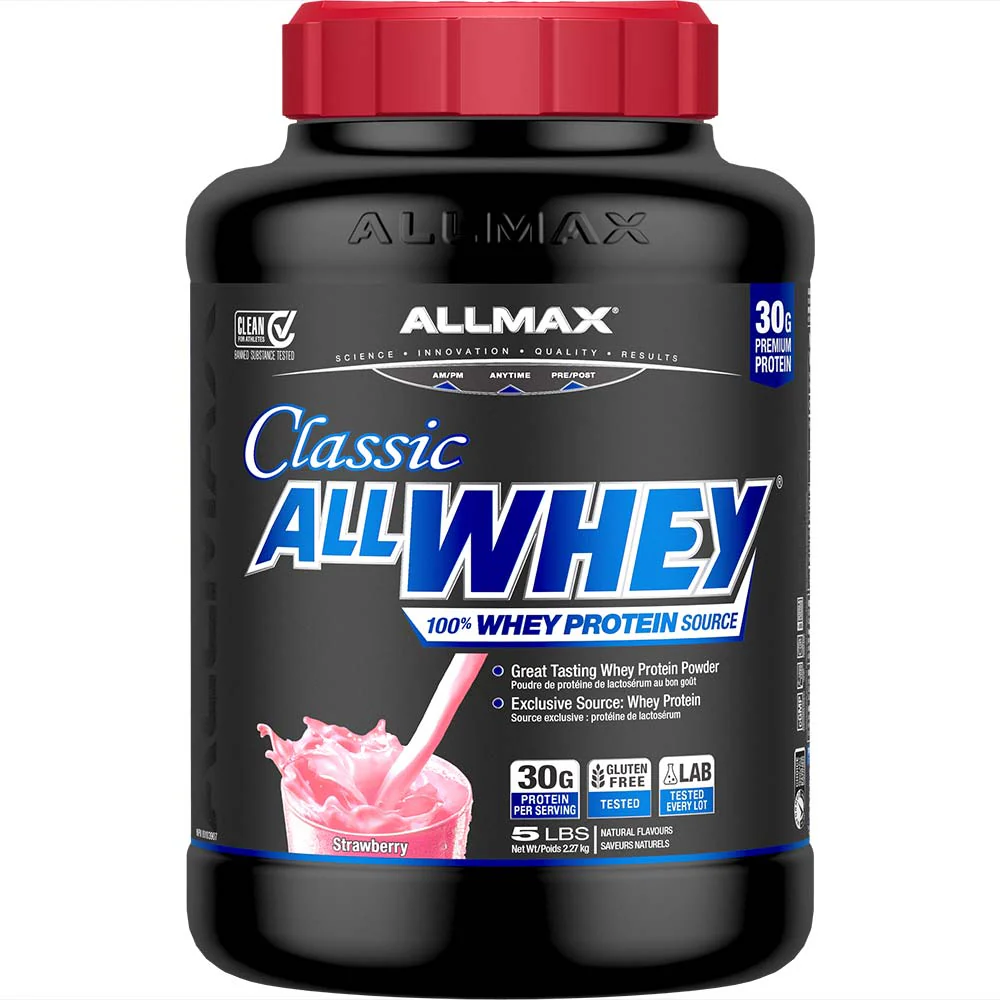 Allmax Classic AllWhey whey protein powder strawberry 5 lbs container with 30g protein per serving